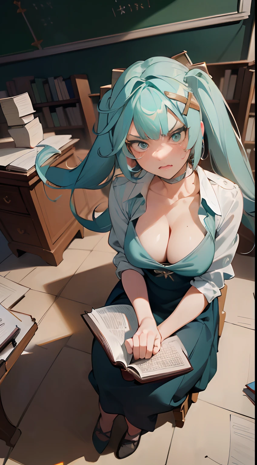 1girl, ((faruzanrnd)), adult woman, mature, 25years old, woman teacher, (sitting, angry), (((face focus, cleavage))), (Dynamic angle), ((full body)), ((classroom)), (colorful:1.2), (extremely detailed CG unity 16k wallpaper:1.1), (masterpiece:1.37), ((official art)), top quality, crumbling, (books:1.3)