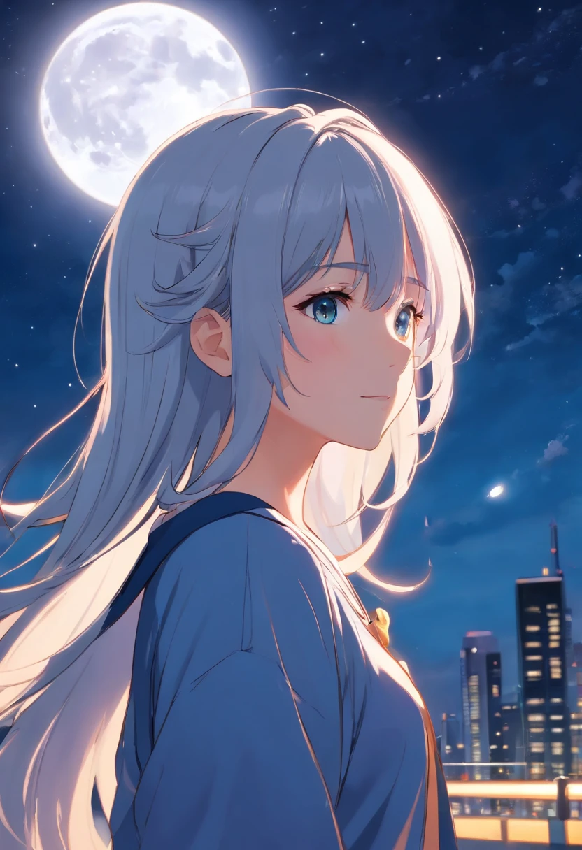 Long hair,the night,full moon,Silver-haired girl,校服,A slight smil,Look at the lens