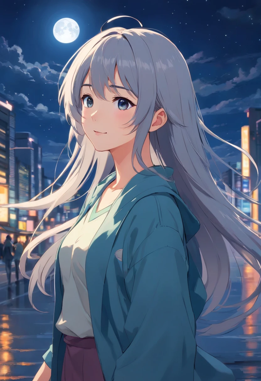 Long hair，the night，full moon，Silver-haired girl，校服，A slight smil，Look at the lens