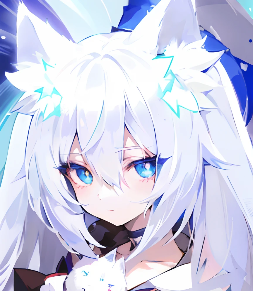 anime girl with white hair and blue eyes and a cat ears, from arknights, white - haired fox, white cat girl, white cyan, white fox ears, holo is a wolf girl, an anime portrait of cirno, white glowing eyes, anime girl with cat ears, anime moe artstyle, holo if a wolf girl, beautiful anime catgirl