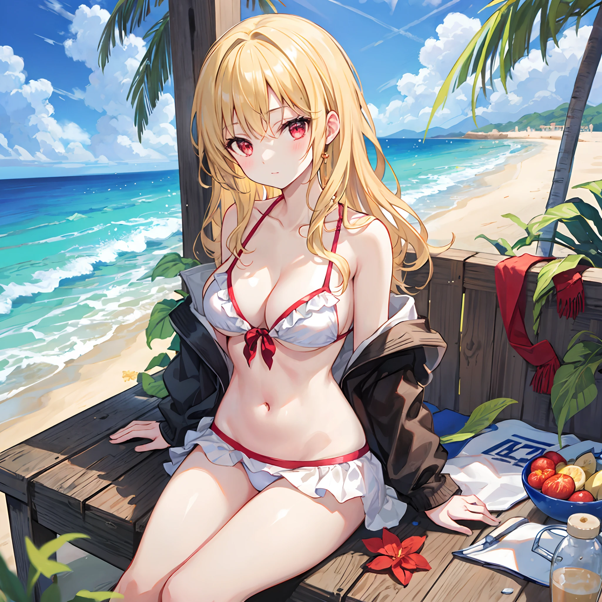 Wavy blonde、red eyes、Beautiful girl alone、Bikini with ruffles、gravure、sitting on、the beach