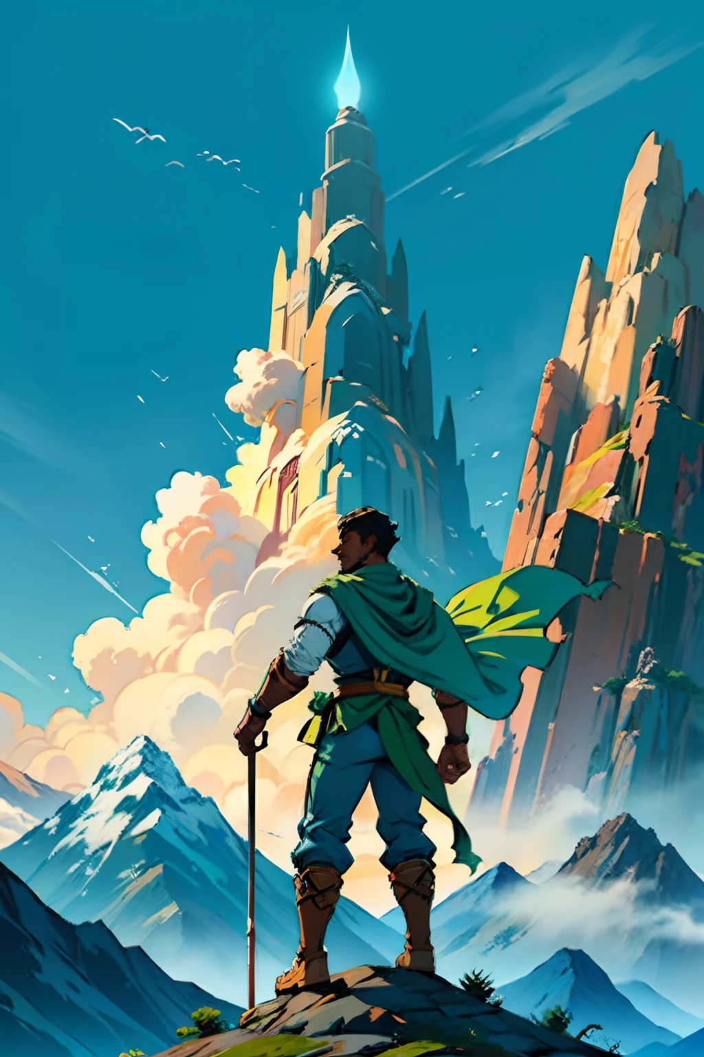 A dark skinned mountain climbing man standing proudly at the top of a mountain, holding a green flag, background is mountain peaks cloudy skies, mood is culmination zenith, daytime light, character design.