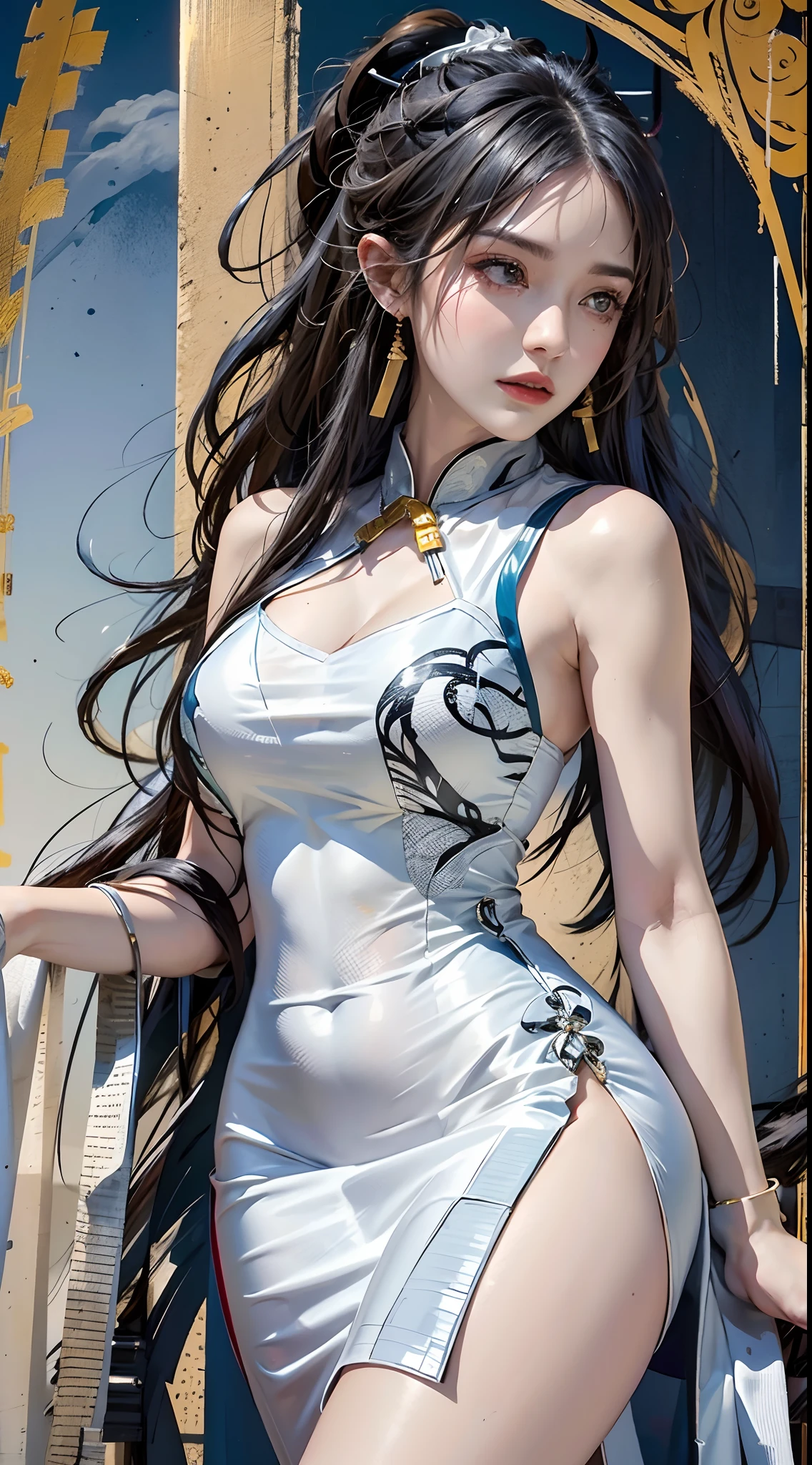 photorealistic, high resolution, 1women, mature female, solo, hips up, china dress, tail, white dress, jewelry, chinese clothes, sleeveless dress, sleeveless, bare shoulders, large breasts, earrings, official alternate costume, thighs, bangs, bracelet, very long hair, colored skin, bead bracelet, beads, crossed legs, signature, arm support, ponytail, tassel earrings