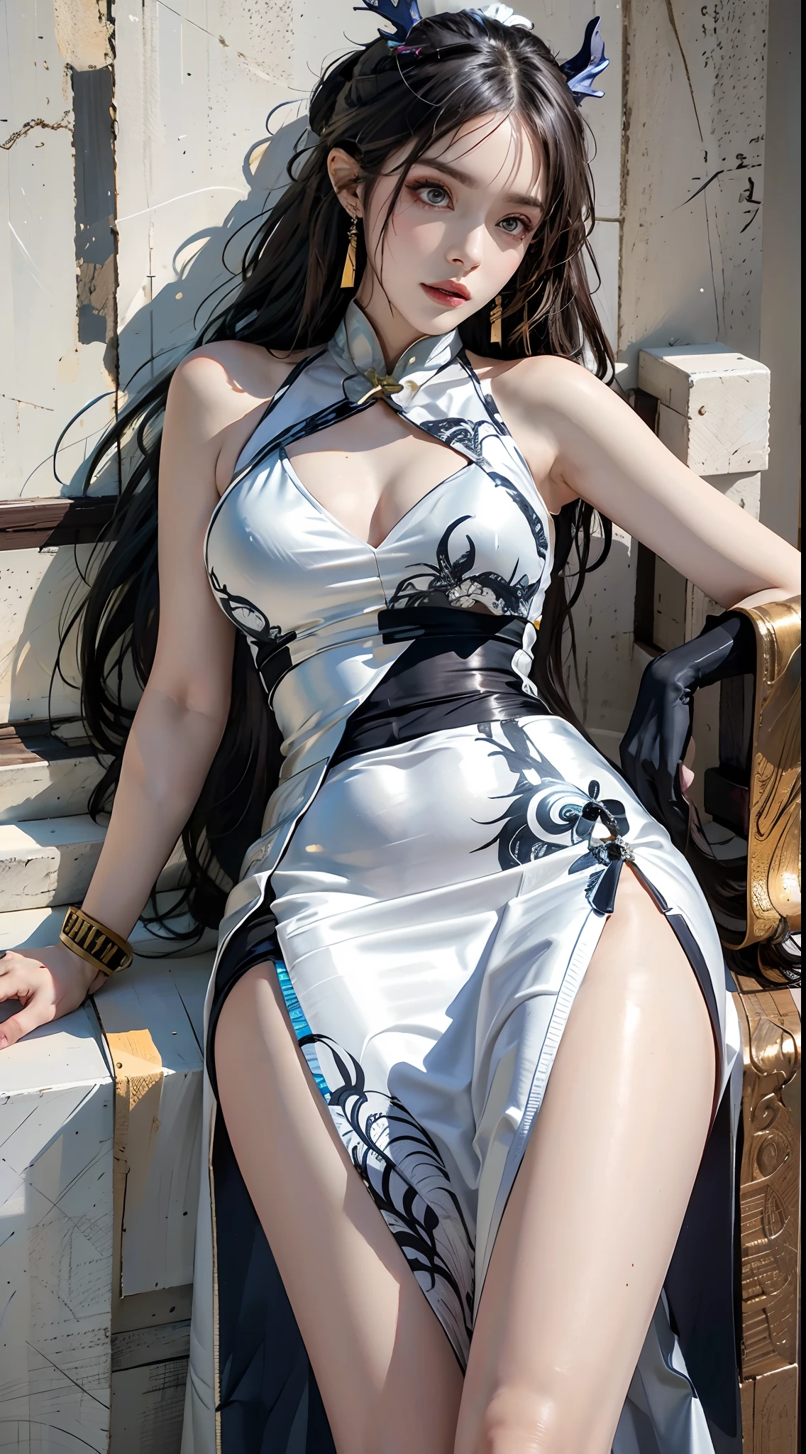 photorealistic, high resolution, 1women, mature female, solo, hips up, china dress, tail, white dress, jewelry, chinese clothes, sleeveless dress, sleeveless, bare shoulders, large breasts, earrings, official alternate costume, thighs, bangs, bracelet, very long hair, colored skin, bead bracelet, beads, crossed legs, signature, arm support, ponytail, tassel earrings