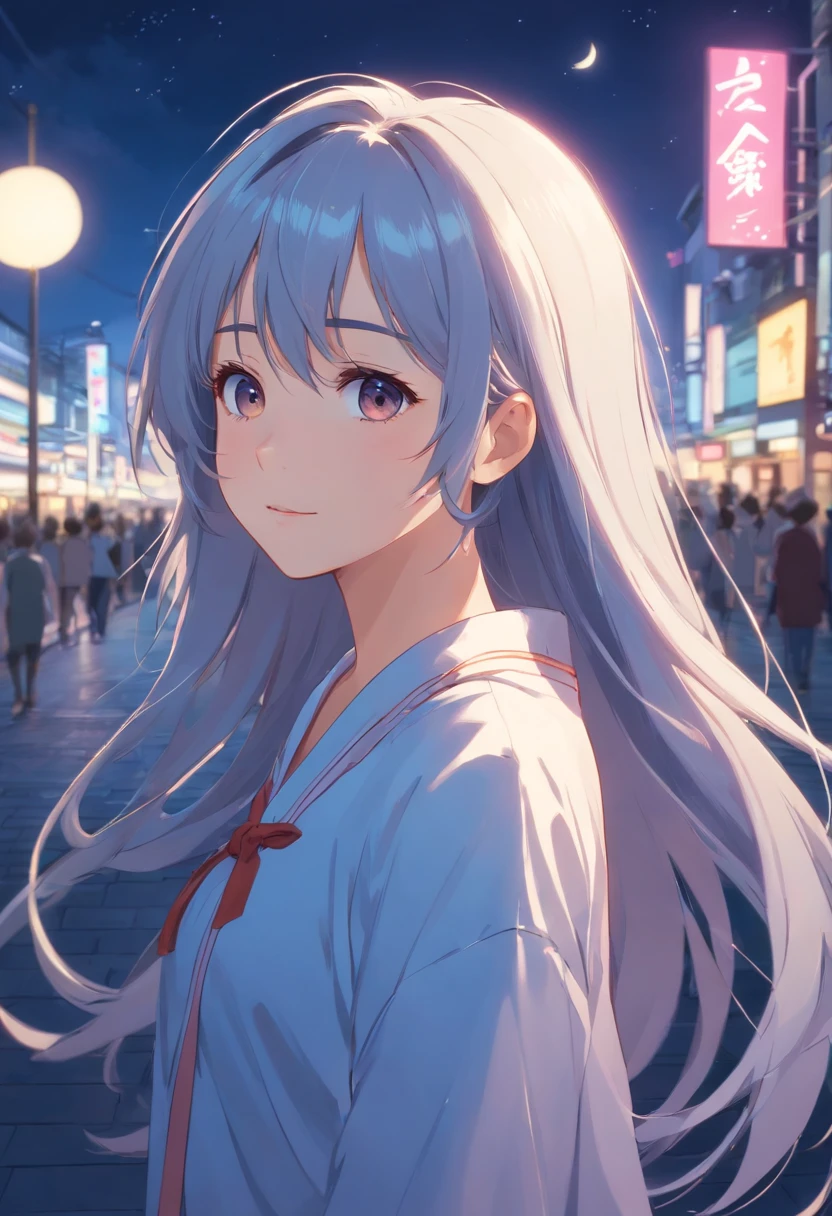 Long hair,the night,full moon,silver hair girl,校服,A slight smil,Look at the lens