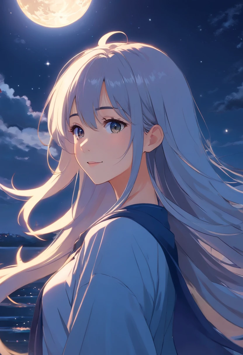 Long hair,the night,full moon,silver hair girl,校服,A slight smil,Look at the lens