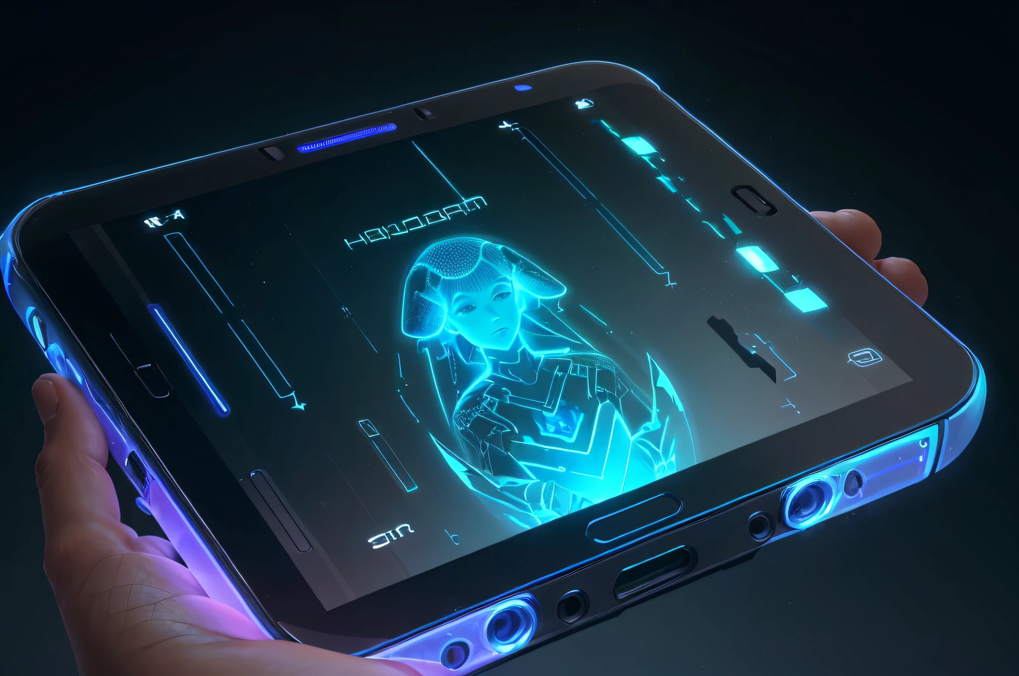 (best quality,highres,ultra-detailed,realistic:1.37),hologram emerging from a smartphone,illustration,glowing hologram,technology,futuristic,vibrant colors,shiny metallic material,detailed circuitry design,sci-fi,blue color palette,soft lighting,transparent and ethereal hologram effect