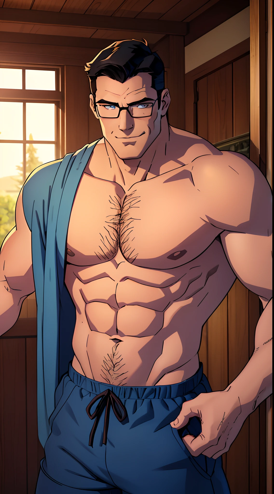 1 man, solo, Clark Kent , muscular male, tall, daddy, macho, large pecs, male focus, middle-aged man, glasses, black hair, short hair, a strand of hair on forehead, blue eyes, smiling cutely, face focus, shirtless, blue shorts, upper body shot, countryside, indoors, bedroom, wooden house, ((masterpiece))