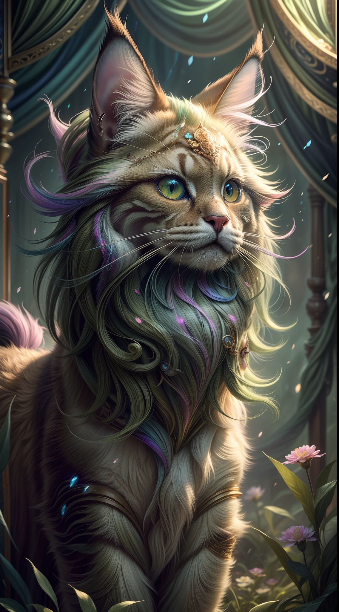 ((ultra-detailed)), (highly detailed CG illustration), ((an extremely delicate and beautiful maincoon)), cinematic light, Create a stunning fantasy artwork that mimics the style of currently trending masters of the genre. The art piece should contain elements of both mythic fantasy with colorful accents. ((Utilize various shades of olive green and watercolor pastels as the main color scheme.)) The maincoon in the artwork is a fluffy with an aura of mystery and magic, mesmerizing eyes with vibrant colors and bold shading. The fur of maincoon should be designed with gossamer feathers, silk, stunning embroidery, and subtle iridescent details. Incorporate dreamy colors, dynamic lighting, and detailed background elements to create a sense of awe and immersion. Include magical aura. Consider, (((masterpiece))), (((best quality)))