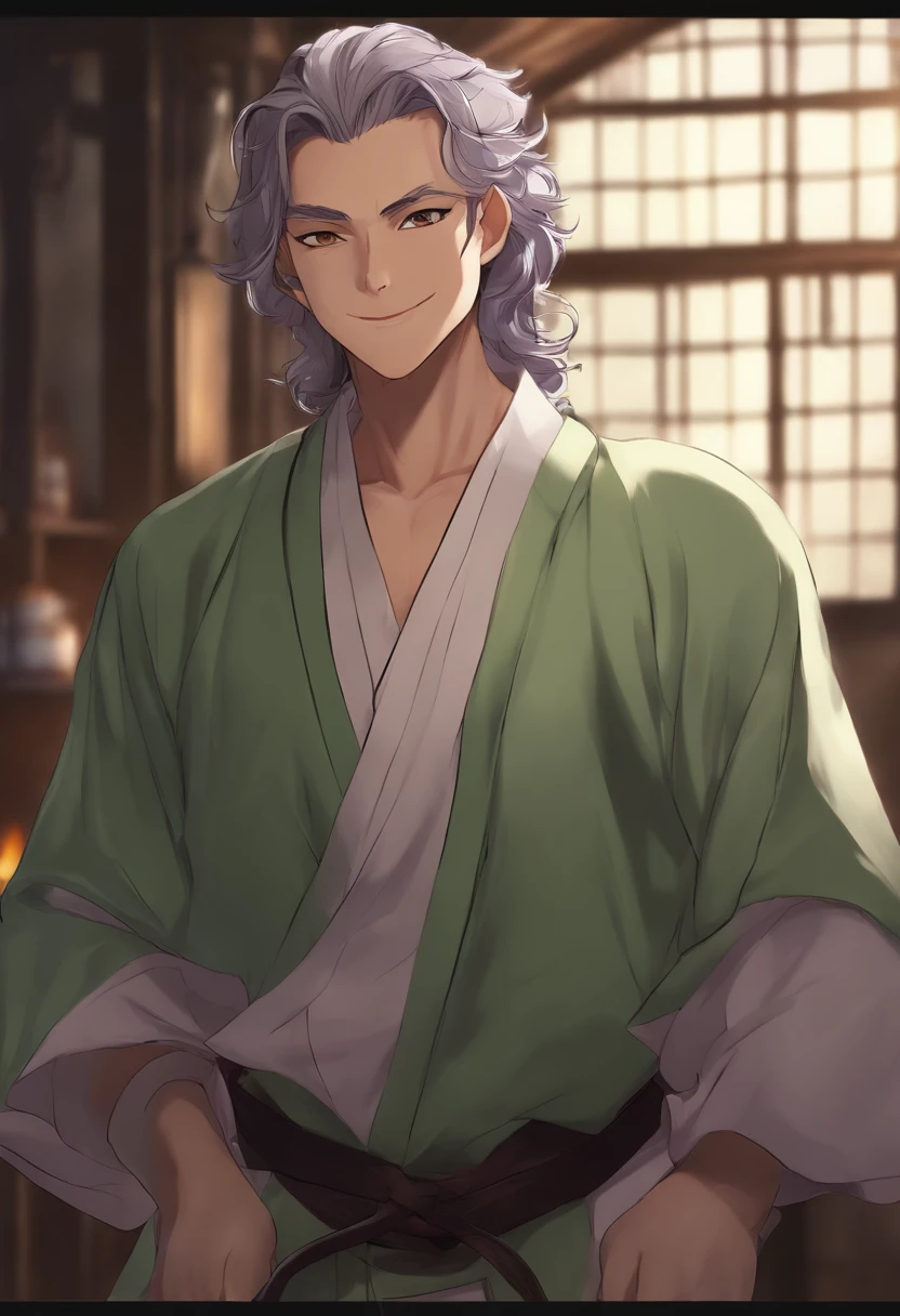 1boy, wanostyle, ronin, grey curly hair, old man, purple hakama, mischevious laugh, big smile, receding hairline, looking at viewer, solo, torso, upper body, big belly((masterpiece)),(best quality), (extremely detailed), depth of field, sketch, dark intense shadows, sharp focus, soft lighting, hdr, colorful, good composition, fire all around, spectacular, open shirt, anime screencap, eyepatch, ready to fight,green eyes, scar on stomach, wide eyes, bushy hair, brown skin, large body