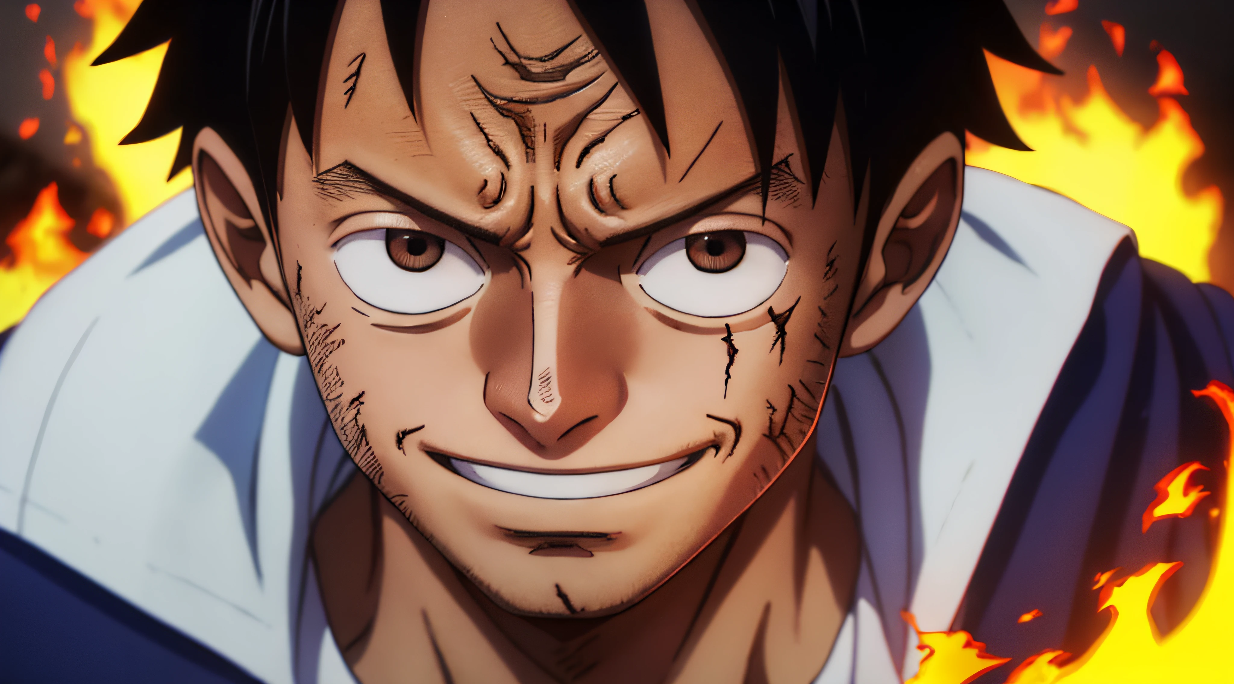 1boy, wanostyle, monkey d luffy, smiling, straw hat, looking at viewer, solo, upper body, ((masterpiece)), (best quality), (extremely detailed), depth of field, sketch, dark intense shadows, sharp focus, soft lighting, hdr, colorful, good composition, fire all around, spectacular, closed shirt, anime screencap, scar under eye, ready to fight, black eyes