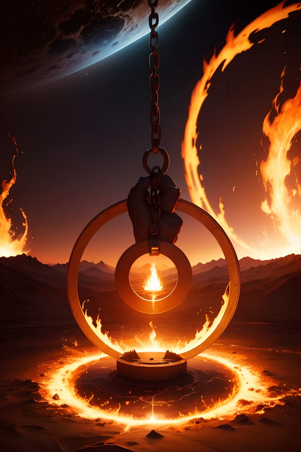 Circle of fire in the shape of a chain with the background of planet earth representing a process of slavery of humanity
