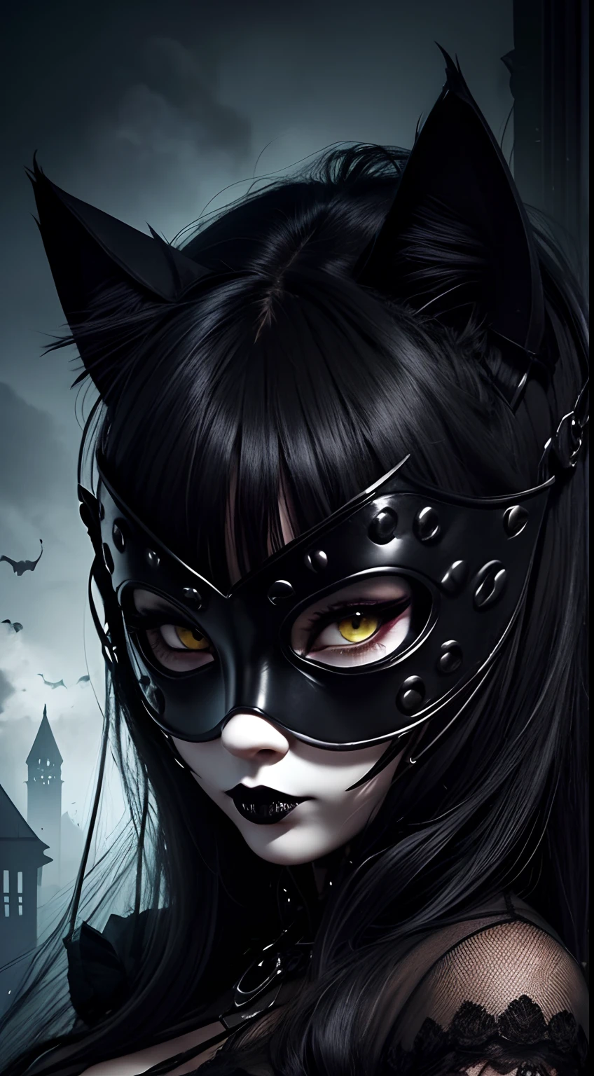 cat mask, gothic style, creepy, sexy, dark fantasy, magic ball background, dark energy steam, full body