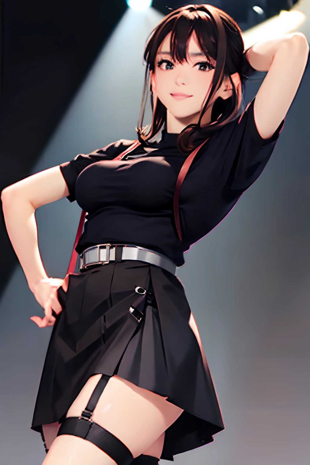 Black skirt, suspenders, Brown hair Gray eyes, Garter belt on the legs, Tight clothes, a belt Armpit sweat Dark look Moderately breasts holster Belt Chain hair adornments poneyTail