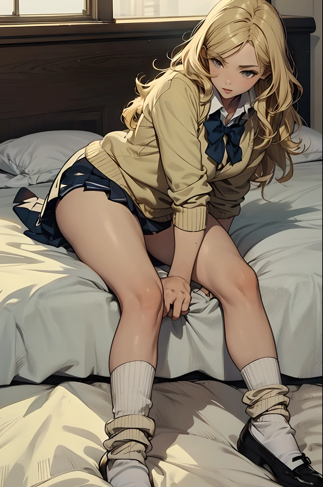 masutepiece, Best Quality,hyperrealistic illustrations,NSFW,Detailed Focus:1.3, 1womanl,High School Uniforms,On the bet,((Lying on your back:1.3)),(Spread legs:1.3), White underwear ,(White string panties,Less fabric area,Very thin wet panties),Looking at Viewer, Cute, medium breasts, Yellow eyes,  Pleated skirt with tartan plaid pattern,  Yellow hair, Long hair,Beautiful detailed eyes, embarrassed, is crying,Late night bedroom background,(Low position shooting: 1.5),(Close-up in the crotch:1.35),