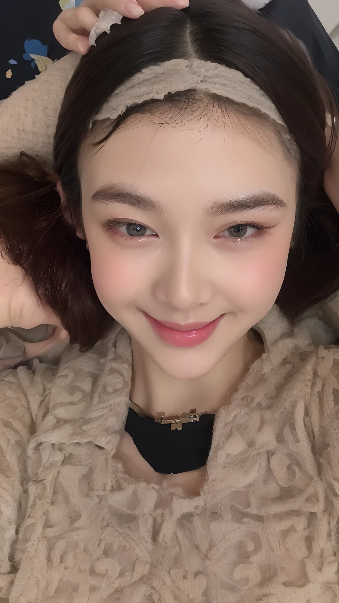 ((Best quality, 8k, Masterpiece :1.3)), 1girl, Pretty woman with slender abs :1.3, (Medium-short hair, Huge breasts :1.2), Cardigan :1.1, Ultra-detailed face, Detailed eyes, Double eyelid