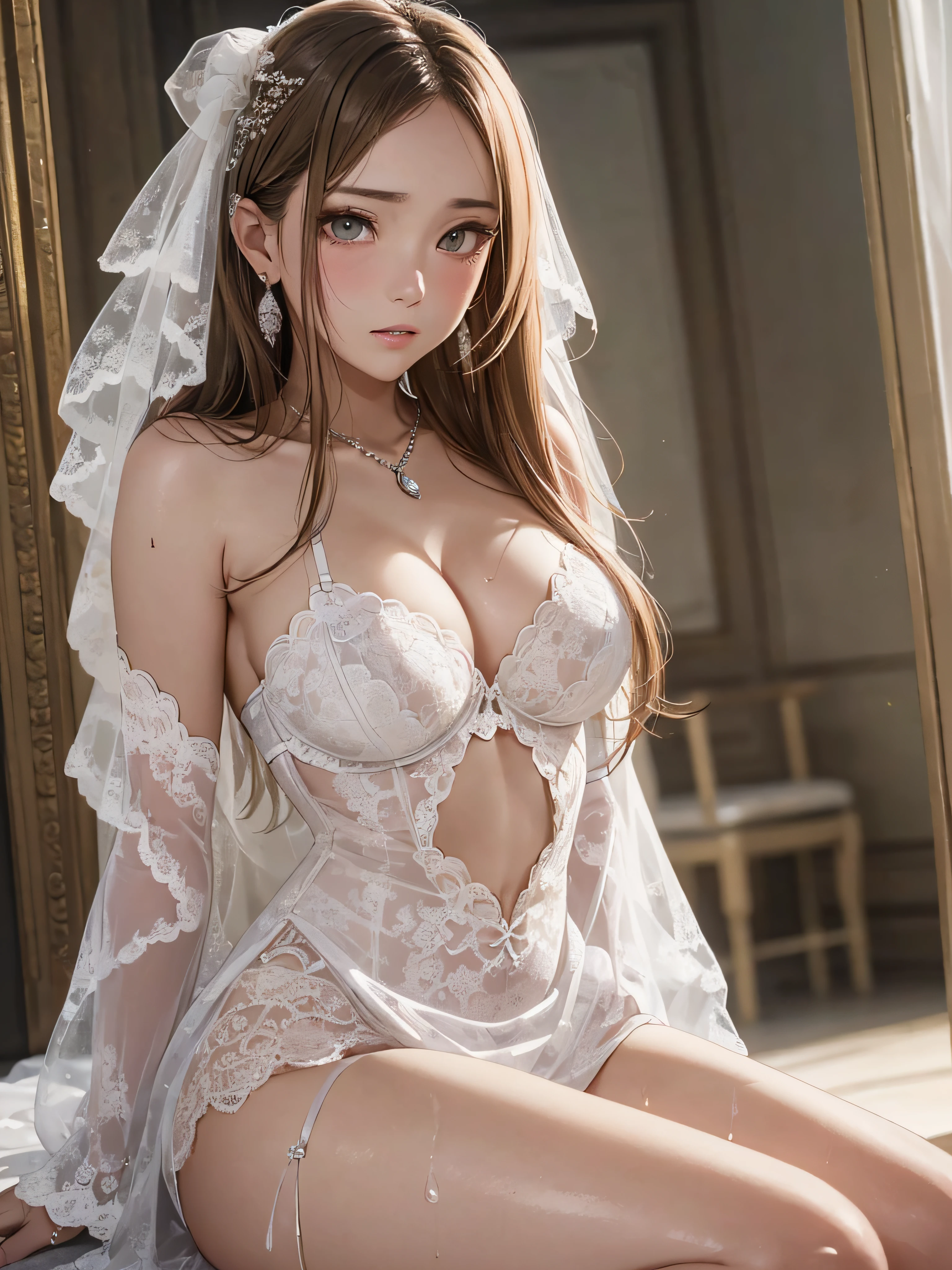 (masutepiece: 1.3), (max resolution: 1.2), (Ultra HDTV: 1.2), cinematric light, 8K resolution,
Detailed eyes and skin, detailed facial features, , (Sharp Focus: 1.2), (Focus on Face:1.2),Perfect Style, Beautiful face, acurate, Anatomically correct, Highly detailed face and skin texture, Detailed eyes, Double eyelids, Thin eyebrows, Natural cheeks, Glossy skin, Fair skin: 1.2, (Glossy lips: 1.4),、 (Shy look: 1.2),Highly detailed facial and skin texture, Detailed eyes, Double eyelids, Natural cheeks, , shiny lips: 1.4,Exposed cleavage、(A large amount of sperm in the chest:1.4)(Large amount of sperm in the thighs:1.2)、
red blush、humiliated、impatience、dismay、Frightened、glares、Tears、embarrassed from、Open knees、open one's legs、Masturbation behavior、masturbation、rubbing the genitals with fingers,,,,,,,,,,,,,,,,,,,,、
White underwear、White bra、Shiny little earrings and necklaces、、Disheveled clothes、Dressing、Exposed panties、Wearing sweat、sodden、Sheer underwear、
25 years old, Neat and clean woman 、Wavy Hair、 Semi-long hair, Big, upturned breasts, Sitting on the floor, chies、a blond、Green ash eye,(weddingdress:1.5)、veils、