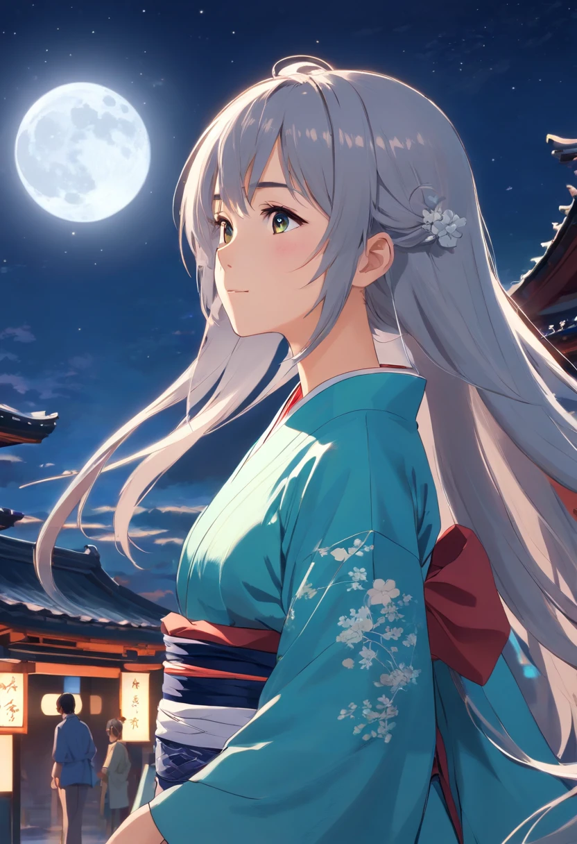 Long hair,the night,full moon,silver hair girl,Chinese Taoist kimono,A slight smil,Look at the lens