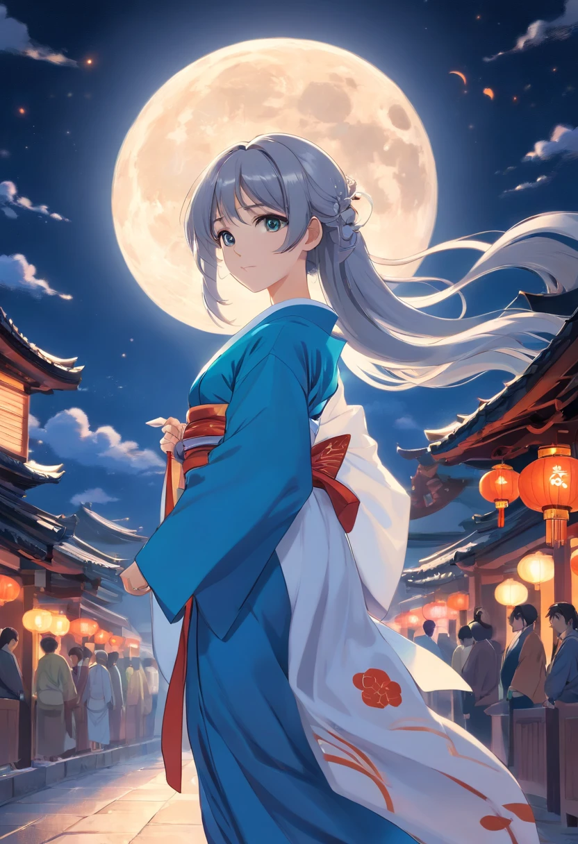 Long hair,the night,full moon,silver hair girl,Chinese Taoist kimono,A slight smil,Look at the lens