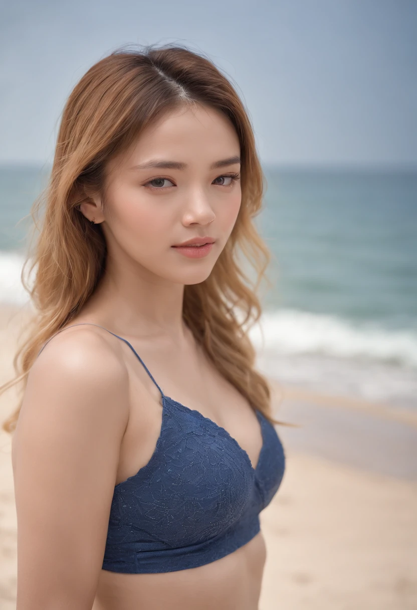 (Best quality,A high resolution,Masterpiece:1.2),Ultra-detailed,(Realistic,Photorealistic,photo-realistic:1.37),hdr, Studio lighting, Extreme detail description, professional, Vivid colors, Bokeh, sportrait, Female, 19-year-old woman, Blonde hair, swim wears,standing on your feet, blue-sky,baiyun,sandbeach