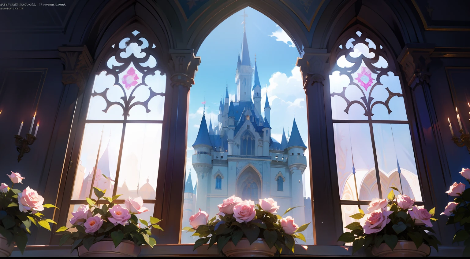 Castle balcony windows，The castle is surrounded by flowers，The entire window is surrounded by roses，Western fantasy，Fairytales，Works of masters，A high resolution