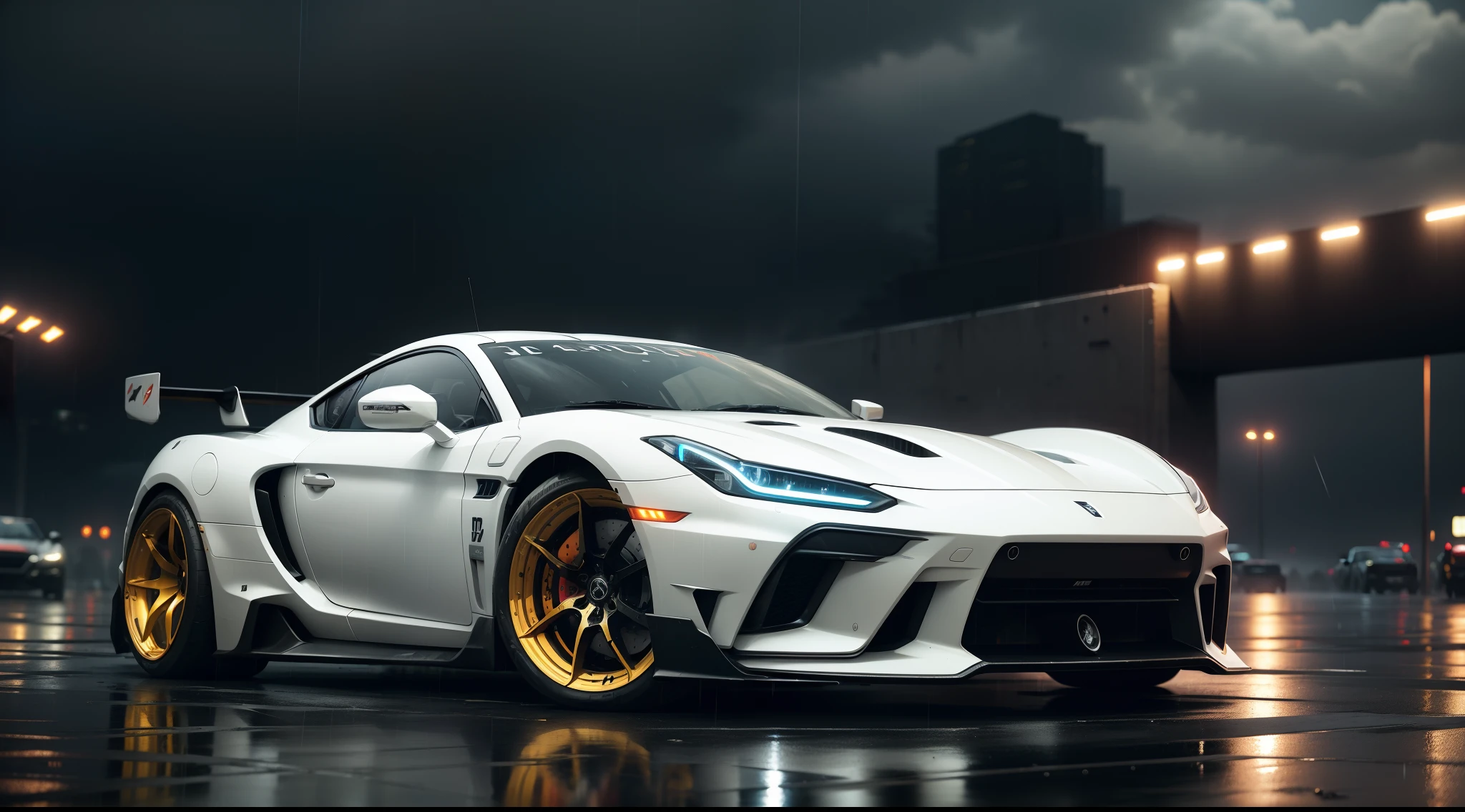 Cyberpunk, sports car, dirty paint job, white,4k, hd wallpaper, heavy rainfall, nightcity, broken glass