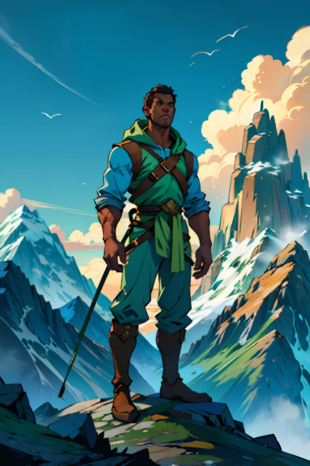 A dark skinned mountain climbing man standing proudly at the top of a mountain, holding a green flag, background is mountain peaks cloudy skies, mood is culmination zenith, daytime light, character design.