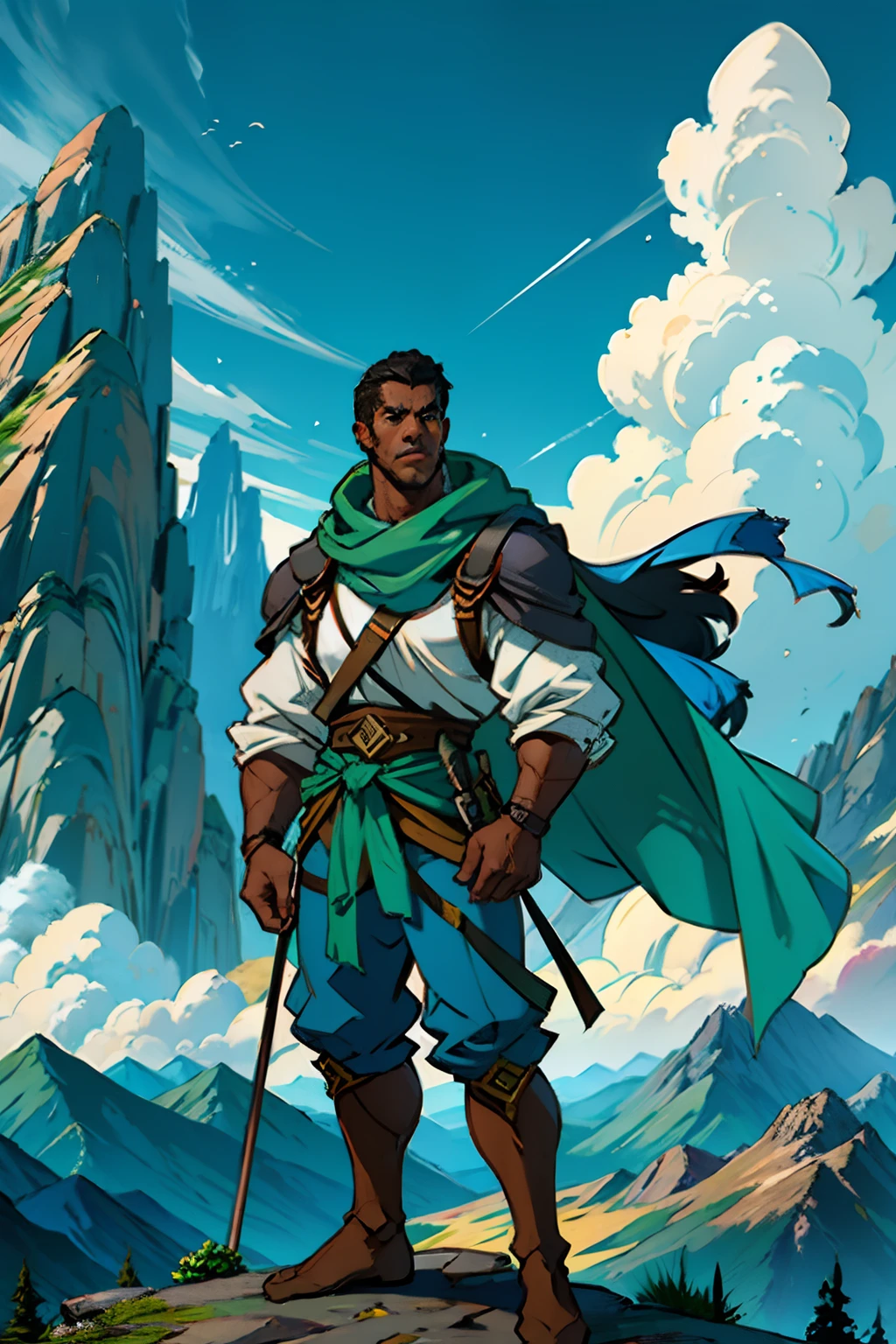 A dark skinned mountain climbing man standing proudly at the top of a mountain, holding a green flag, background is mountain peaks cloudy skies, mood is culmination zenith, daytime light, character design.