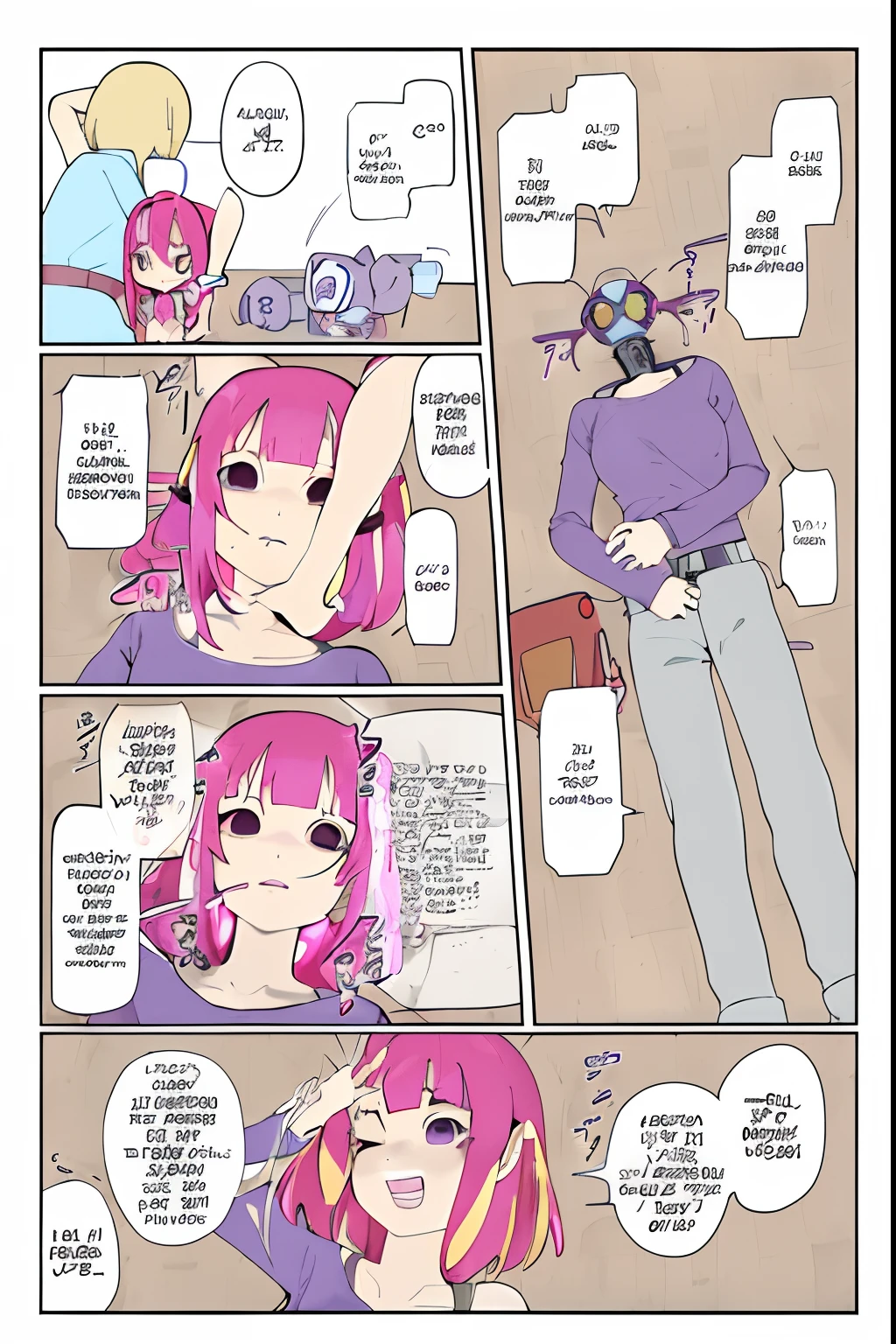 Manga comic strip with a woman in a purple shirt and a man in a purple shirt, Humanoid Pink Female Squid Girl, Color cartoons, Color cartoons, Color Cartoon Panel, coloured manga scan, Color Comic, Fully Robotic!! girl, Color Cartoon Panel, ecchi style, Robot Cartoon Animation!! anime girls, Fully Robotic!! catgirl, ecchi anime style