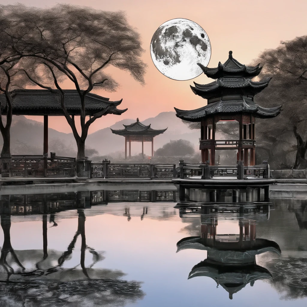 West lake,Three pools reflecting the moon,Line drawings