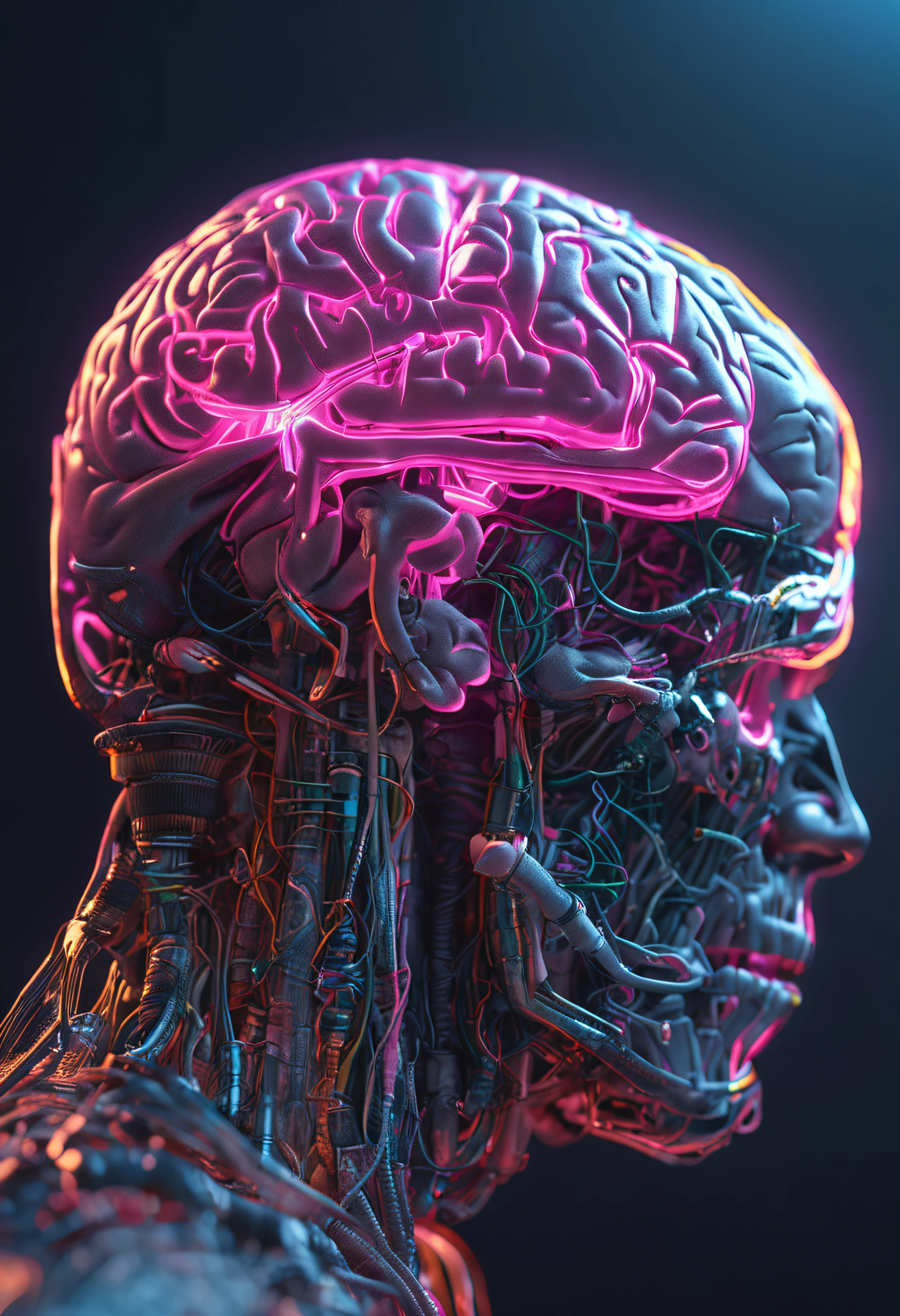 A highly detailed brain, electronic medium with neons and half real grey