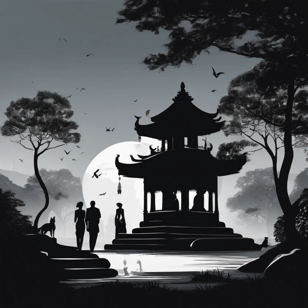 Young men and women nestled in the moonlight garden in the center of the picture,The silhouette of the temple is clear, mysterious and historical。Outline of house trees in background,Create a quiet and romantic atmosphere。Tranquil and fresh tones,Emphasize the beauty and mystery of moonlight。The shadows of the body clothes of the male and female protagonists enhance the depth of three-dimensionality。