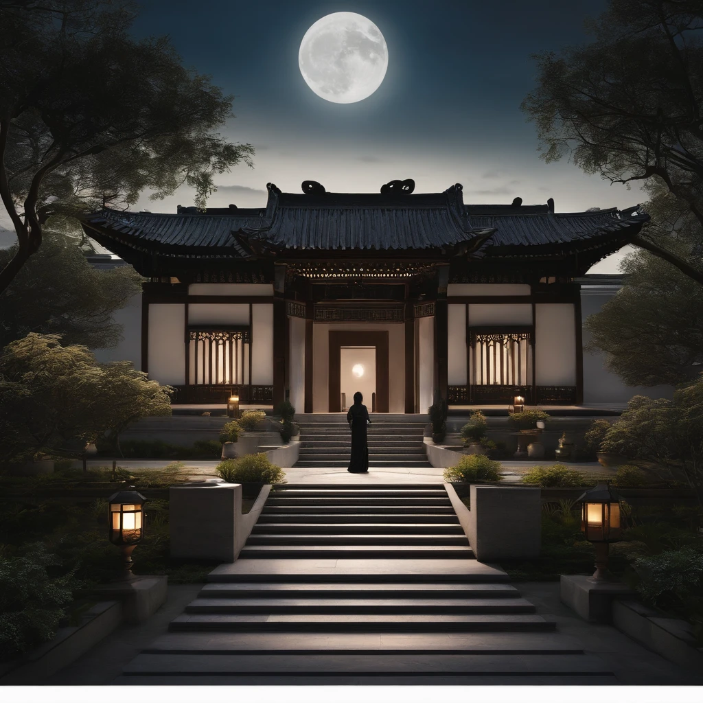 Young men and women nestled in the moonlight garden in the center of the picture，The silhouette of the temple is clear, mysterious and historical。Outline of house trees in background，Create a quiet and romantic atmosphere。Tranquil and fresh tones，Emphasize the beauty and mystery of moonlight。The shadows of the body clothes of the male and female protagonists enhance the depth of three-dimensionality。
