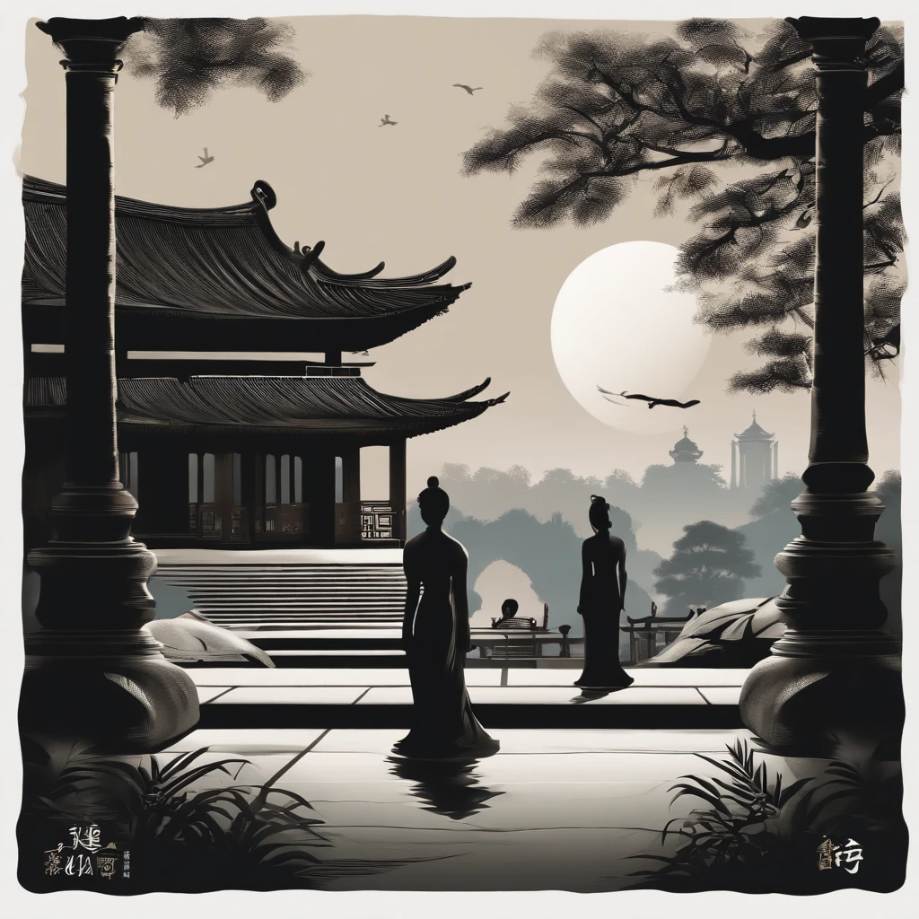 Young men and women nestled in the moonlight garden in the center of the picture，The silhouette of the temple is clear, mysterious and historical。Outline of house trees in background，Create a quiet and romantic atmosphere。Tranquil and fresh tones，Emphasize the beauty and mystery of moonlight。The shadows of the body clothes of the male and female protagonists enhance the depth of three-dimensionality。