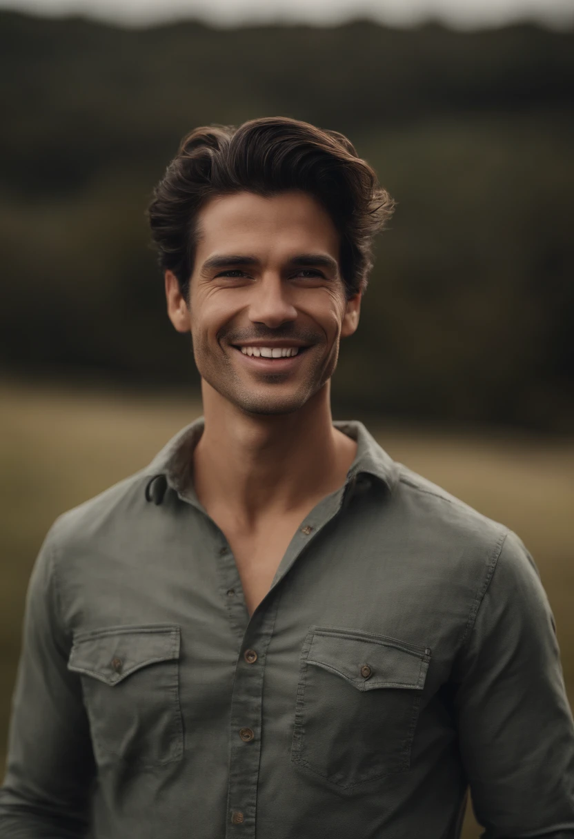 ((medium long shot photo)) of a handsome dark-haired man, standing naked in a grassy field during the day ((exposing uncut )) smiling, well lit
