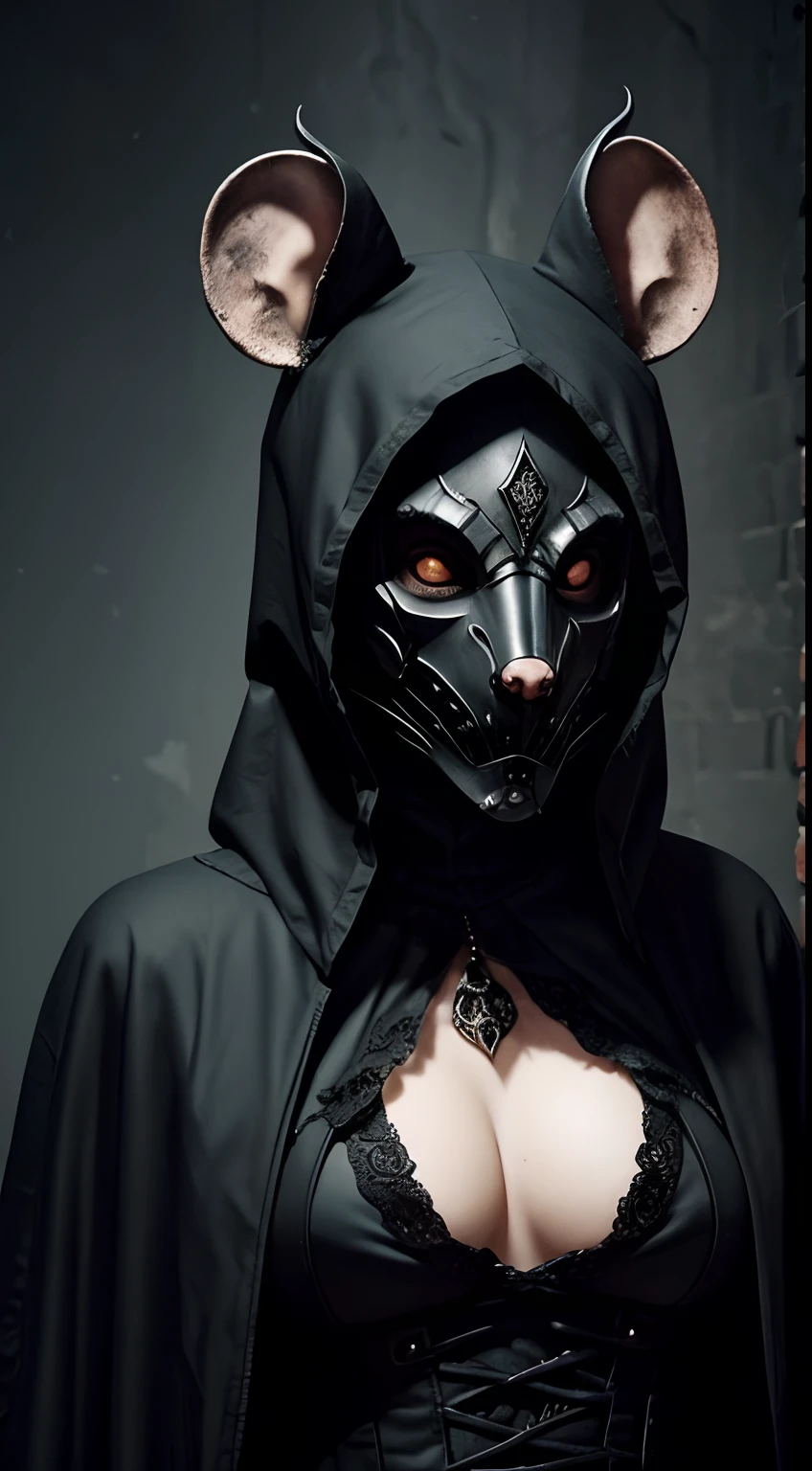 rat mask, gothic style, creepy, sexy, fantasy background