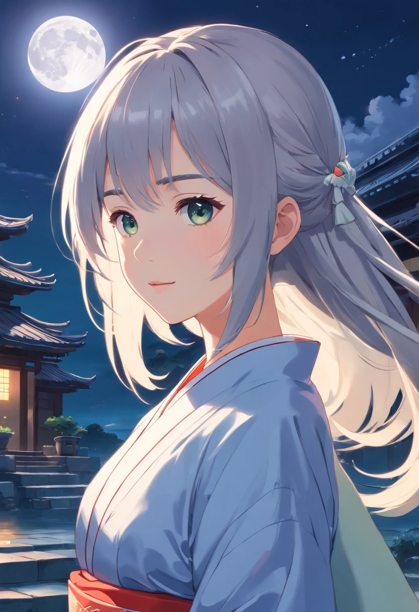 Long hair,the night,full moon,-yeld sir-haired girl,Chinese Taoist kimono,A slight smil,Look at the lens