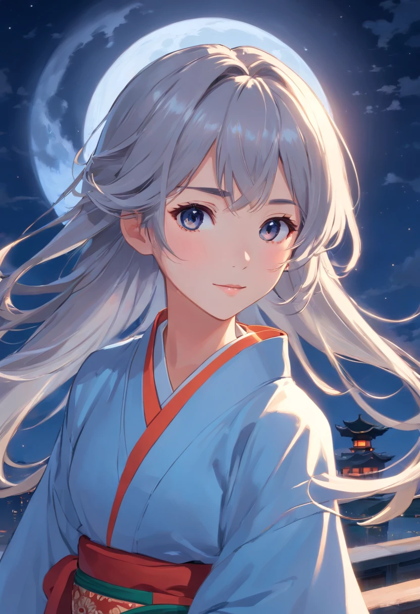 Long hair,the night,full moon,13-year-old silver-haired girl,Chinese Taoist kimono,A slight smil,Look at the lens