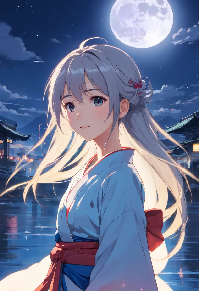 Long hair,the night,full moon,13-year-old silver-haired girl,Chinese Taoist kimono,A slight smil,Look at the lens