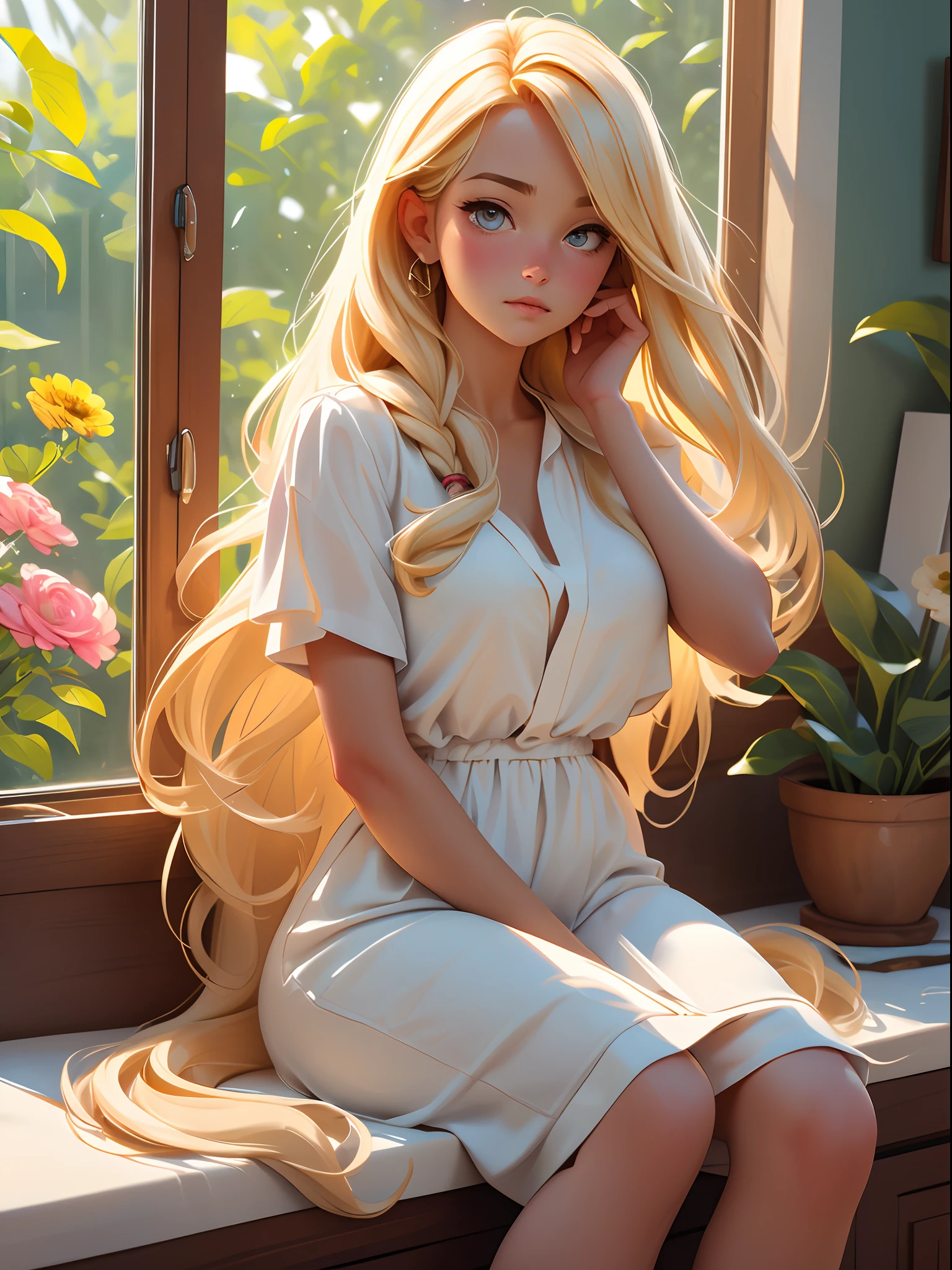 best quality,ultra-detailed,realistic:1.37,a girl laying her head to her hand and looking out her window,wearing a white linen dress,blond long hair flowing down over her eyes,in a sad scene,feeling alone,with a soft,subdued color palette,soft and natural lighting,creating a melancholic atmosphere,vivid colors that enhance the emotions,delicate brushstrokes,presenting the girl in a realistic and emotive way,she is sitting by the window sill,her surroundings are simple yet elegant,a vase of flowers sits on the window sill,adding a touch of beauty to the scene,the window overlooks a peaceful garden,with blooming flowers and lush greenery,every element in the painting contributes to the overall narrative and emotion of the scene.