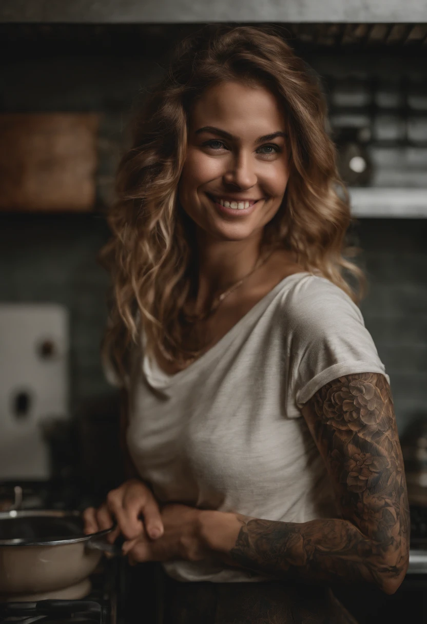 1girl, upper body, close-up,  looking at viewer, smile, standing, depth of field, tattoo, kitchen,