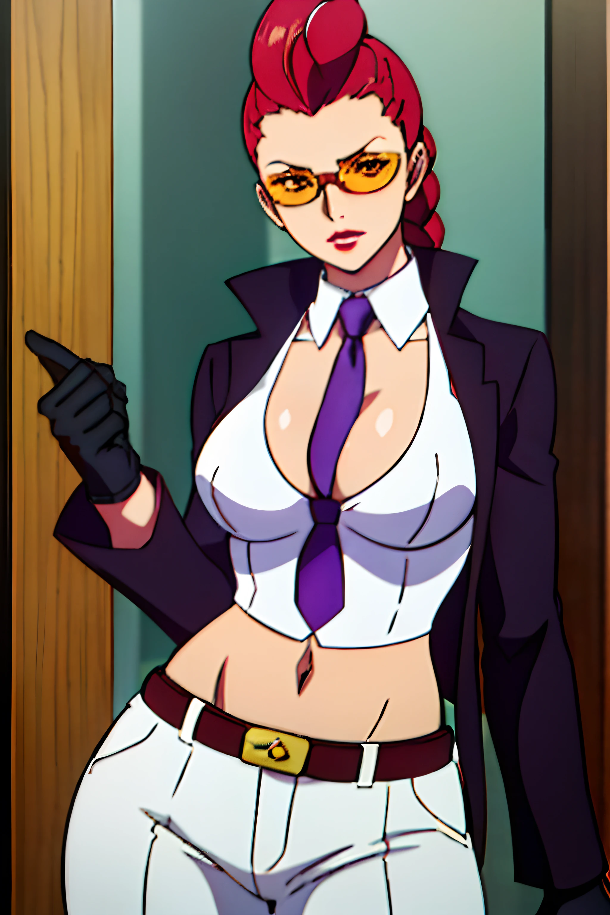 cviperms, sunglasses, necktie, gloves, necktie between breasts, tan skin, cleavage, crop top, midriff, tinted eyewear, pants,masterpiece, best quality, best quality, good eyes, good hands, huge breasts,1girl, solo, sexy,lipstick, busty, animescreencap,kimi no na wa, upper body