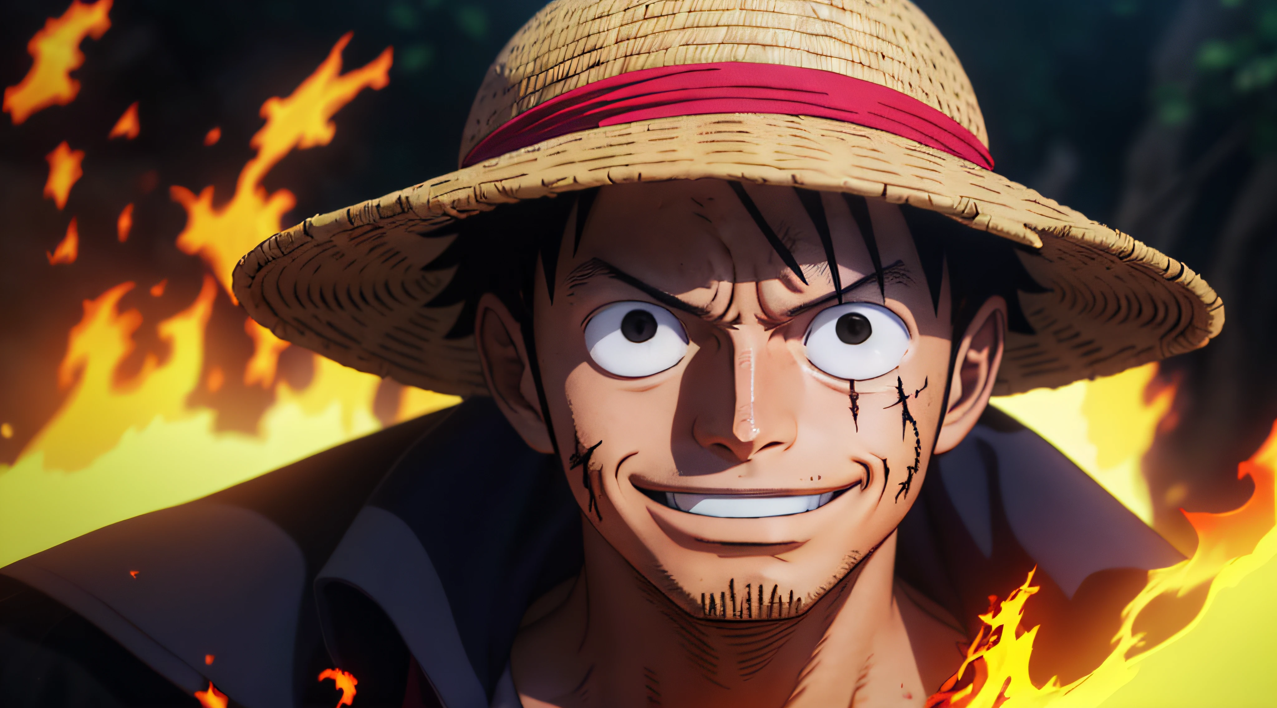 1boy, wanostyle, monkey d luffy, smiling, straw hat, looking at viewer, solo, upper body, ((masterpiece)), (best quality), (extremely detailed), depth of field, sketch, dark intense shadows, sharp focus, soft lighting, hdr, colorful, good composition, fire all around, spectacular, closed shirt, anime screencap, scar under eye, ready to fight, black eyes