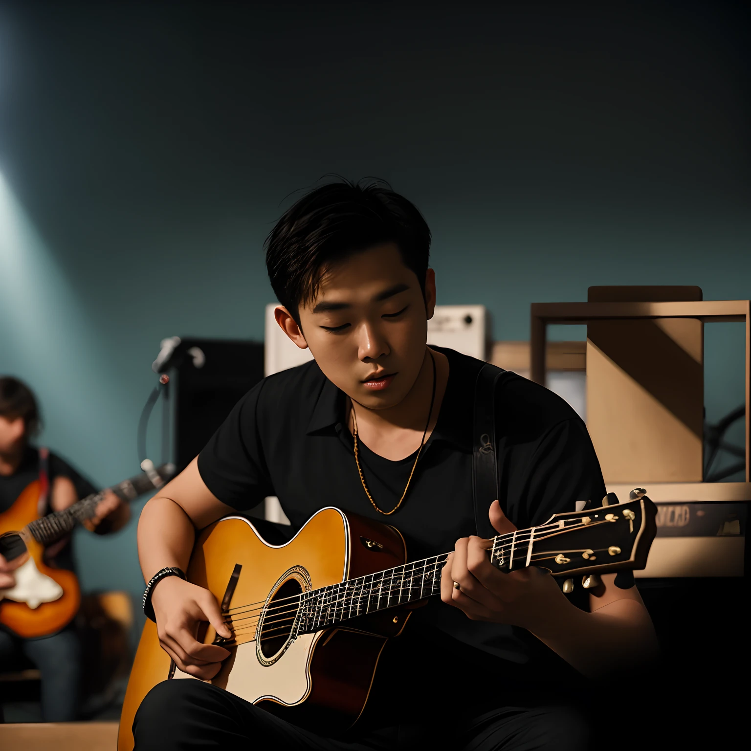 there is young man sitting on a bench playing a guitar, man playing guitar, playing guitar, playing a guitar, playing the guitar, guitarist, playing guitars, playing guitar onstage, music being played, jamming to music, singer songwriter, guitar solo, singer - songwriter, ramil sunga, the guitar player, performing on stage, shot on sony a 7, live performance