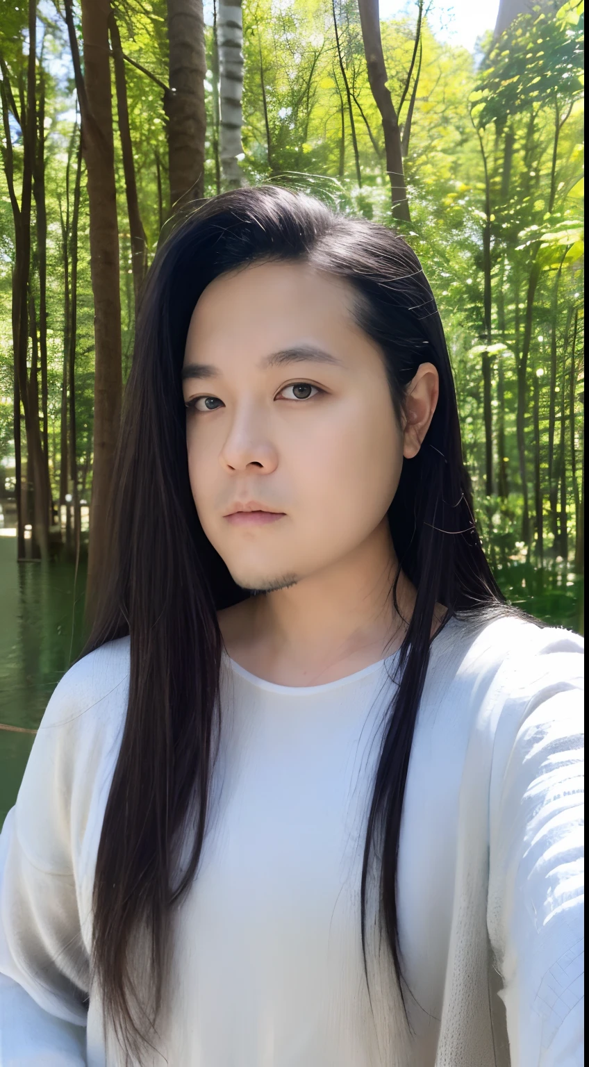 of a guy，long whitr hair，Black hair，Handsome，Deep eyes，full bodyesbian，Wear Hanfu，Black Hanfu，Black Buhan followed，Ancient wind，Contour light，The background is blurred out