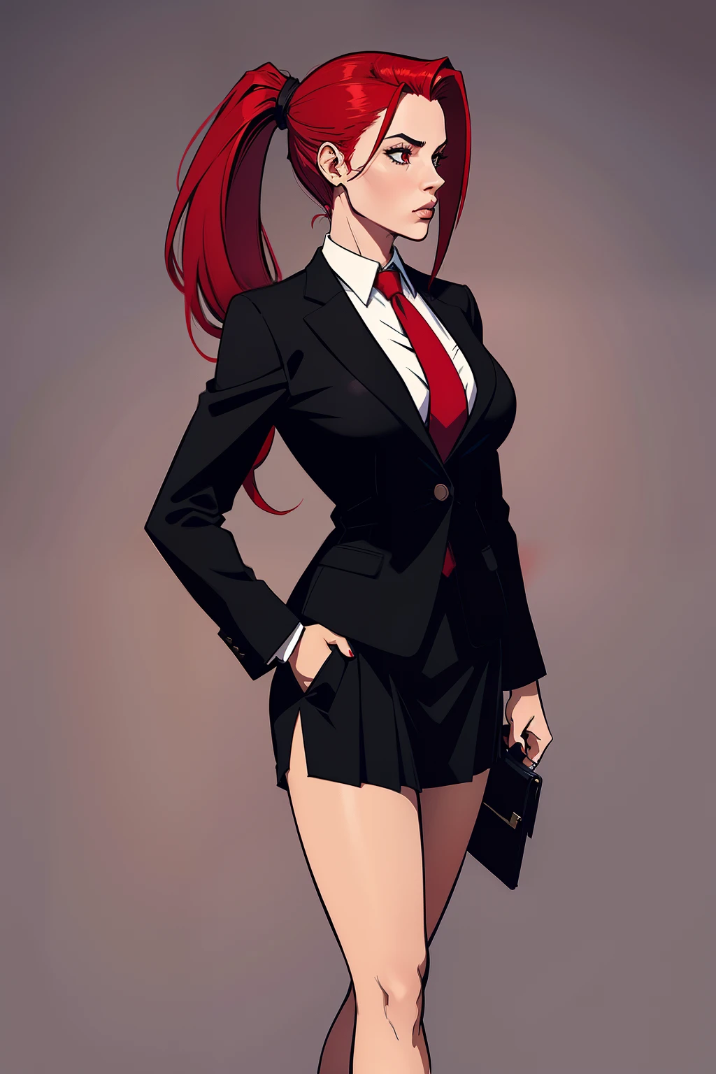 full body, woman, red ponytail hair, wearing a black office suit, red tie,black office skirt, women's purse, no background