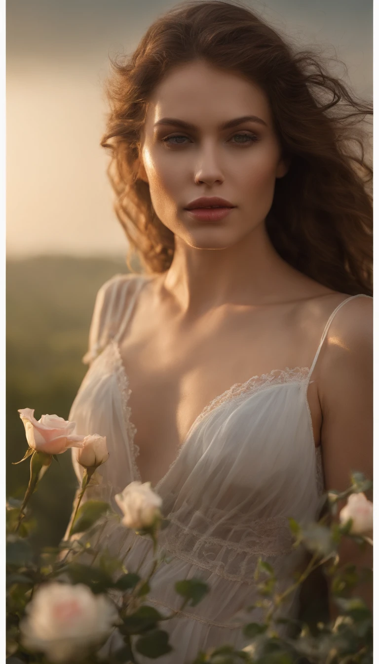 gorgeous young shy woman, oval face, green eyes, french, full lips, dusty highway, flowers in wind, fog, haze, sweaty, dripping, hot girl, humid, wet hair, victorian lingerie, see through sexy nightgown, showing clevage, rose petals, beautiful face, sunlit, covered in flowers and petals, godrays, cozy, wet skin, morning dew, backlighting, hazy, golden hour, morning light, erotic mood, alone, countryside, shy, masterpiece, best quality, ultra-detailed, solo, smoke, shadows, contrast, close-up, cinematic light, side lighting, ultra high resolution, best shadow, RAW, 4k, sexy, cleavage
