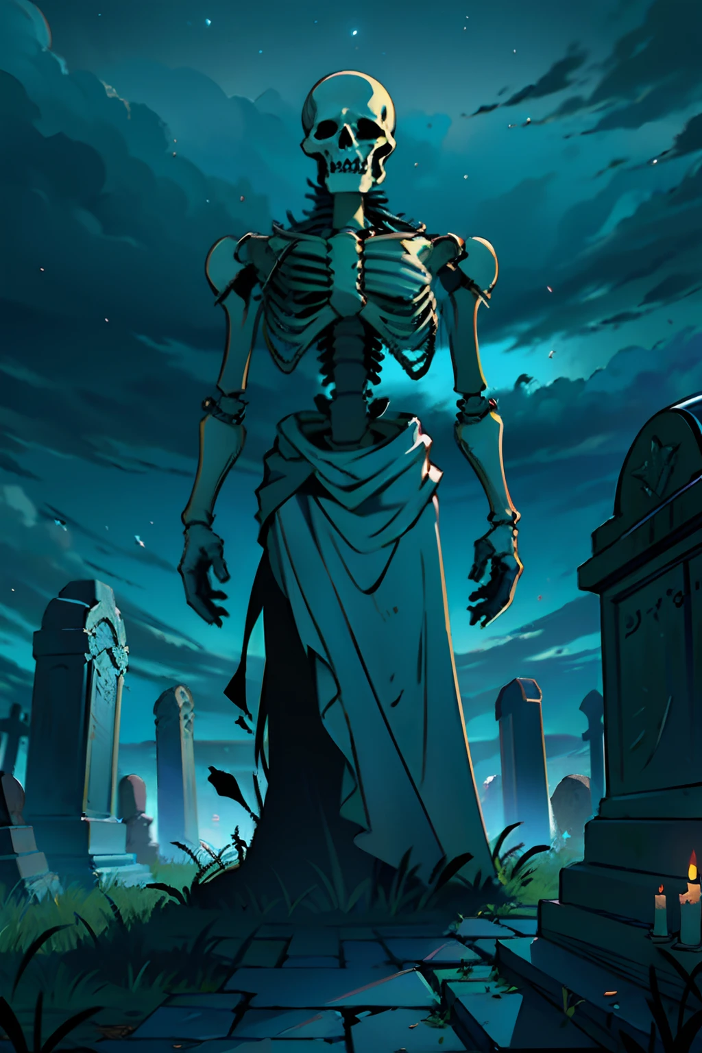 legendary undead sorcerer summoning skeletons in the graveyard at night, bright stars, full blood moon, digital anime illustration by Takashi Takeuchi, dynamic camera angle