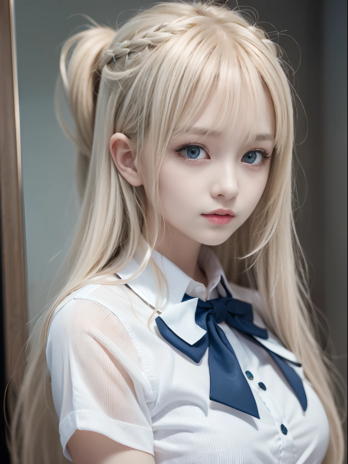 Portable Wallpapers,Super beautiful photo,Red Eyes,FULL ANATOMY,Woman like a goddess,Highly detailed background,Realistic,hyperdetailed face,super detailed skin,Detailed beautiful face and eyes,retinas, masutepiece, ccurate, Anatomically correct,Tsurime, Textured skin, Super Detail, high details, High quality, awardwinning, Best Quality, hight resolution, 8K,ultimate beauty girl, BREAK,Close up of girl in dress and shirt, loose coat collar sailor uniform, thin head,magical school student uniform, japanese girl school uniform,, Cute dress, katelynn mini cute style, dressed with long fluent clothes, School uniform, magic school uniform, black and white clothes, Stylish dress, school girl in gothic dress, Black Quick, Elegant clothes,((small tits:1.7,Thin leg,skinny thigh:1.4)),slim figure,extremely detailed eye and face、beatiful detailed eyes,Tsurime,Beautiful skins,The brilliance of details、The skirt is ironed、No wrinkles,((smooth hair,detailed hairs,Very fine hairs)),(Knee-length skirt:1.7),1girl in,Thin leg,Beautiful legs,独奏,Wearing underwear,Smaller face,realistic facial expression,(Face to feel:1.6),Enchanted,Raw photo of pale skin,Shyness,Longing for love,((Cool color makeup,Lowered eyebrows、Whitening effect,thin and thin eyebrows,((Ephemeral Girl,A look tinged with joy)),Very soft lighting,Eight-headed body,light glow,Expro II,Lens Flare,Sharpen,cinematic shadow,Changing the time zone when shooting.,School route and my room,Kantai Collection Style