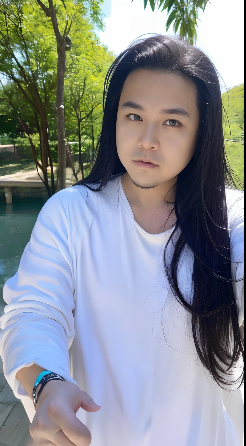 of a guy,long whitr hair,Black hair,Handsome,Deep eyes,full bodyesbian,Wear Hanfu,Black Hanfu,Black Buhan followed,Ancient wind,Contour light,The background is blurred out